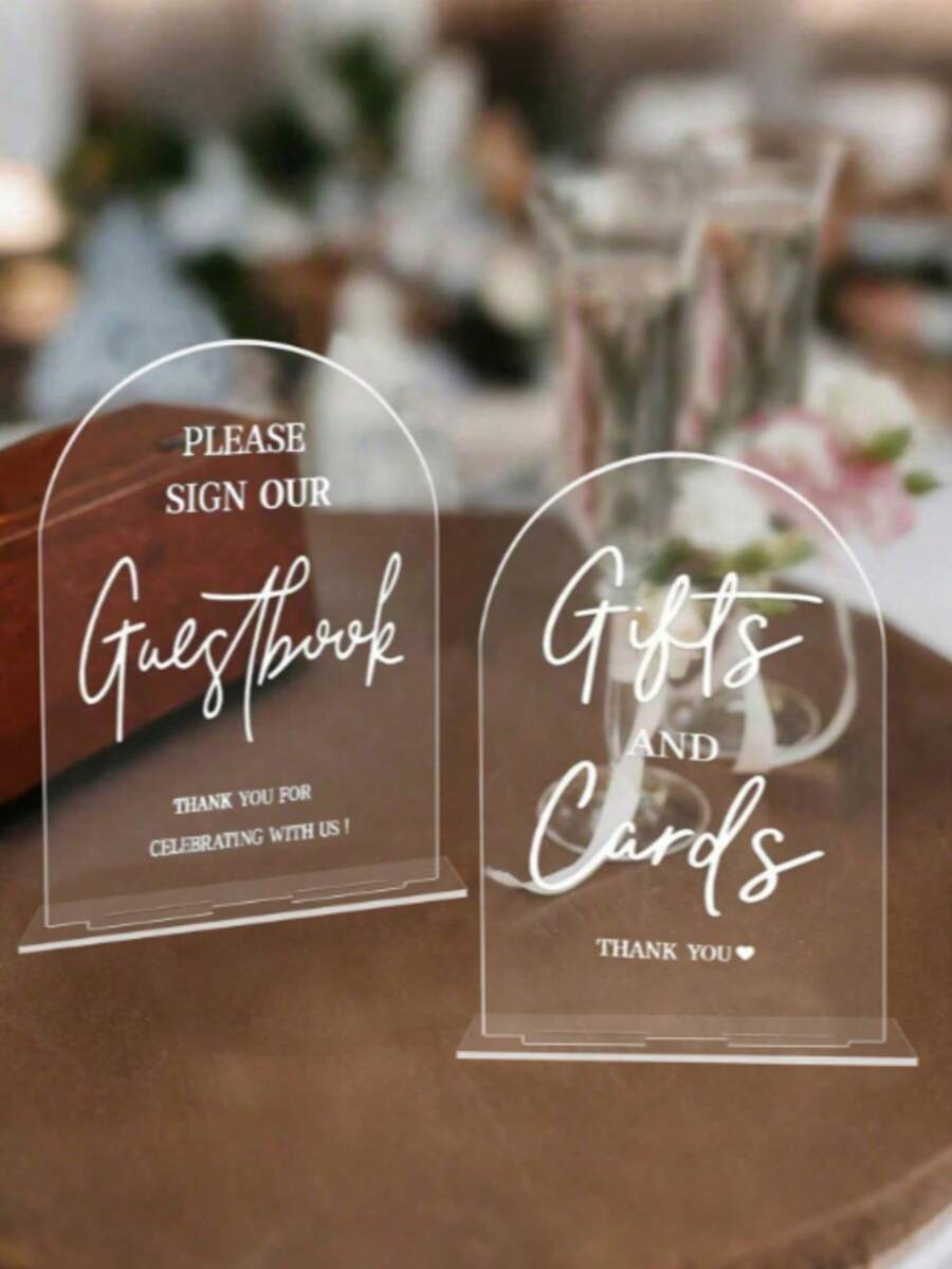 2pcs Transparent Acrylic Wedding Sign, Suitable For Ceremony And Wedding Reception, 5x7 Inch Modern Wedding Sign, Guest Book Signature, Greeting Card Gift Sign, Wedding Reception Sign With Stand, Wedding Decor, Home Decor, Room Decor, Party Gift, Bride Birthday, Graduation Birthday Decor, Party Decor, Bridal Shower