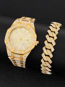 2pcs Hiphop Style Bracelet Set With Shiny Quartz Watch, Fashionable Accessories For Daily Wear, Unisex - Silver - View 5