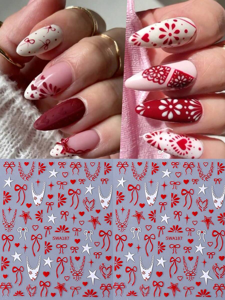 2 miếng dán móng tay màu đỏ chủ đề Ngày Valentine, hình nơ ruy băng, trái tim, ngôi sao, cánh hoa màu đỏ ánh kim, tự dính, dùng để trang trí móng tay kiểu Pháp, phù hợp cho nữ và bé gái trong dịp Ngày Valentine hoặc đám cưới. - Nhiều màu - Xem 1