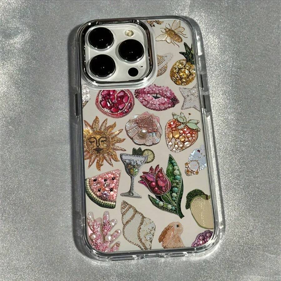 1pc Rose Flower & Fruit Mixed Beaded Textured Metallic Frame Transparent TPU Shockproof Soft Case, High Quality Suitable For Apple Models 17/17Pro/17Promax/16/16Plus/16Pro/16ProMax/15/15Plus/15ProMax/14/14Plus/14Pro/14ProMax, 13/13Pro/13ProMax, 12/12Pro/12ProMax, 11/11Pro Max