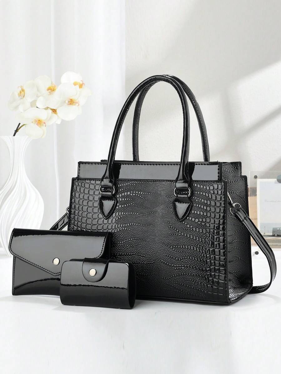 3件套女士PU皮手提包套装，优雅时尚托特包，带零钱包和卡包，多功能大容量单肩包，时尚独特设计，多种颜色可选 - 黑色 - 查看 1