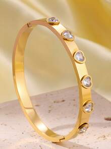 Gold Plated Heart Zirconia Bracelet Set For Women Stainless Steel Anti-Tarnish Jewelry - Multicolor - View 3