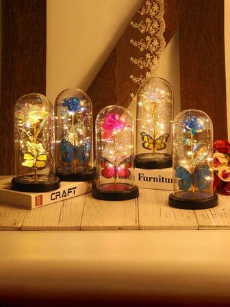 1朵永生玫瑰花灯，LED灯箔花，搭配独特蝴蝶造型，情人节礼物，适合送给女友，生日、婚礼派对、家居装饰（不含电池）