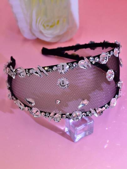 1pc Minimalist Rhinestone Headband, Fashionable Baroque Style Mesh Wide-Brim Headpiece, Suitable For Bride, Wedding, Festival, Carnival Party, Date, Casual Wear