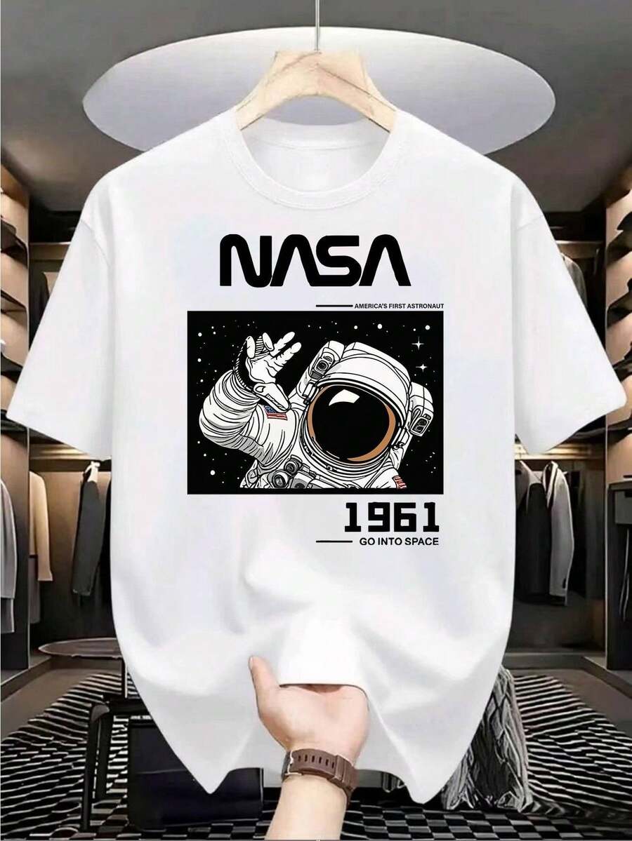 Men's Neon Green Retro  Space-Themed T-Shirt - 1961 Historic Astronaut Print, 180gsm Heavyweight Cotton Knit, Minimalist Round Neck Short Sleeve For Casual & Outdoor Wear, Hiking, Sports - Ideal For  Fans & Vintage 60s Style (Machine Washable) - Abstract Print, Elastic Fit, Breathable Knitted Fabric, Summer Casual Wear, Space Exploration Design With  Logo & Astronaut Graphic, Hiking Apparel, Durable Material - 白色 - 查看 1
