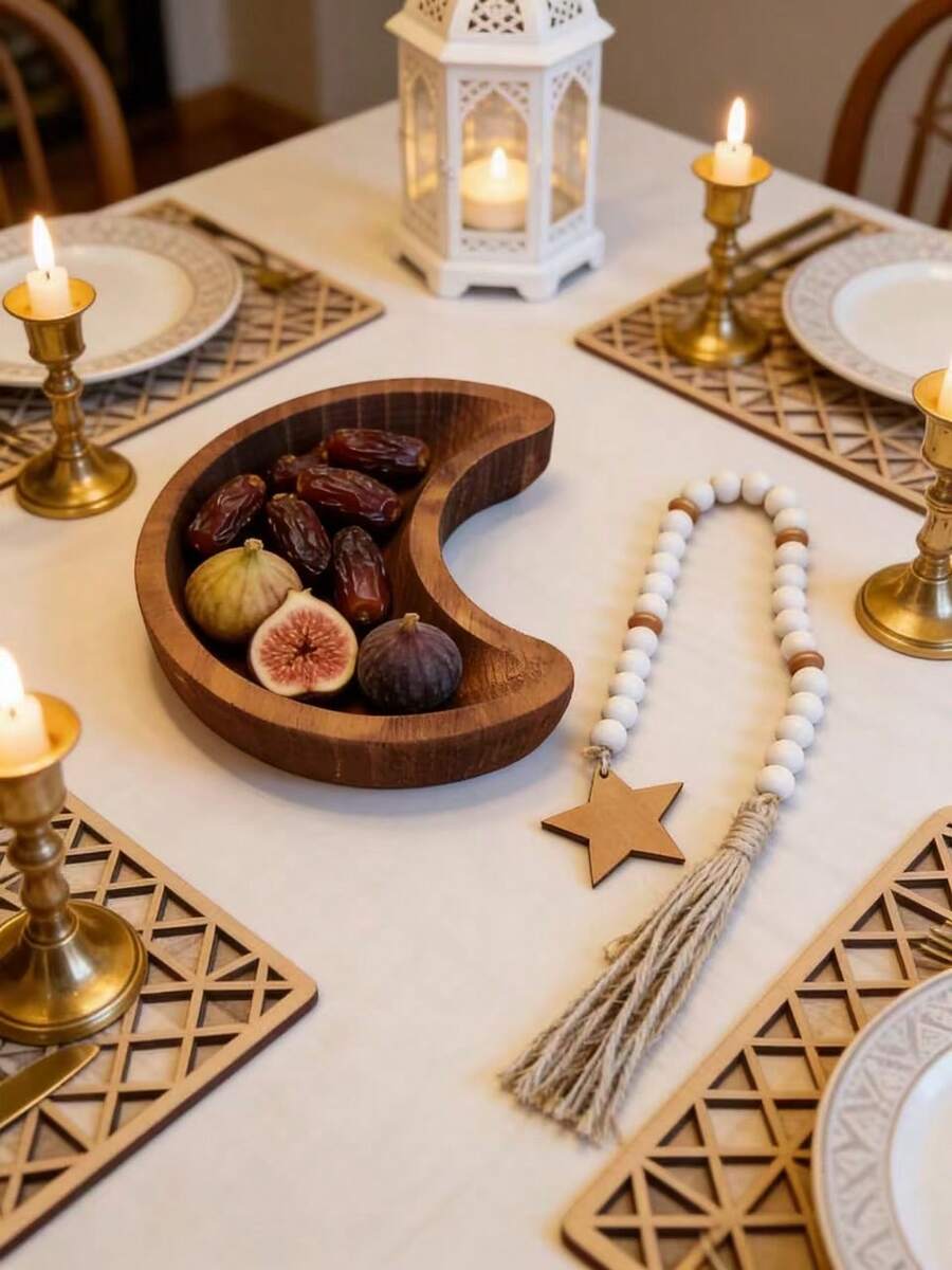 1 Set - Crescent Wooden Tray + Brown & White Wooden Bead Star Tassel Wreath Decor. Party Table Centerpiece, Birthday Party Supplies, Ramadan, Valentine's Day, Thanksgiving, Easter Home Decor And Storage Accessory, Family Gathering Centerpiece - Multicolor - View 1