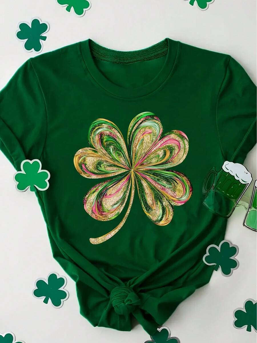 Clover Pattern Printed T-Shirt, Short Sleeve Round Neck Casual Top, Suitable For Summer And Spring, Women's Clothing-St. Patrick's Day Gifts - Màu xanh lá cây đậm - Xem 1