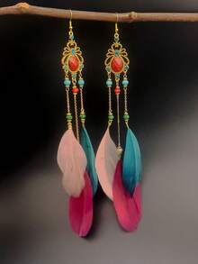 1 Pair Bohemian Colorful Feather Earrings, Handmade Crystal Chain Long Earrings, Suitable For Hanfu, Travel, Photography, Holiday Gifts - Dreamcatcher Series - View 14