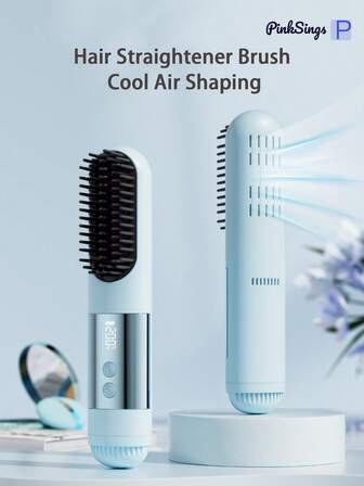 PinkSings Cordless Hair Straightener Brush With Cool Air Shaping, Hair Comb With LCD Display Temperature Adjustable, Portable Mini Straightening Brush For Travel, Negative Ion Hot Comb For Women Styling Hair Styler, Anti-Scald, Ceramic Coating