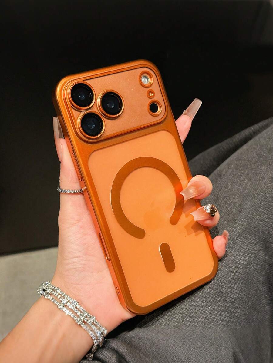 1 Peça Capa de Telefone Magnética Premium Semitraslúcida e Fosca Compatível com Apple 11/12/13/14/15/16/17 Pro Max, Capa Protetora Dura Eletroplantada com Película de Lente - Laranja - Visão 1