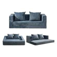 Sofá Cama Plegable Doble 3 En 1, Sillón Con Almohada Azul Grisáceo Rayado - Azul Marino - Ver 1