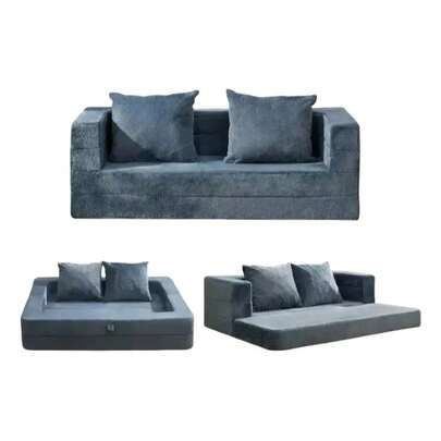 Sofá Cama Plegable Doble 3 En 1, Sillón Con Almohada Azul Grisáceo Rayado