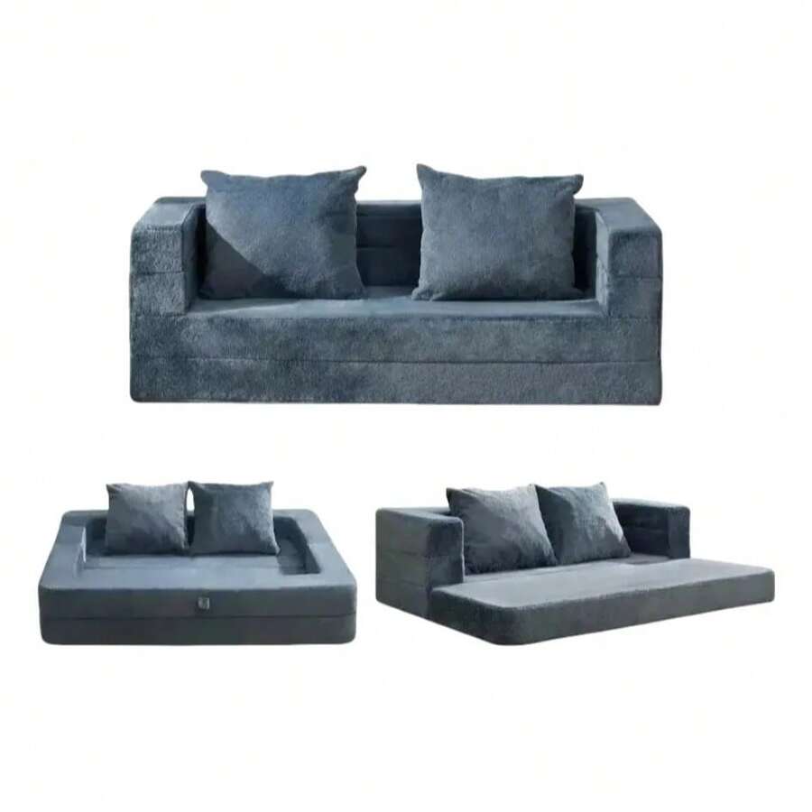 Sofá Cama Plegable Doble 3 En 1, Sillón Con Almohada Azul Grisáceo Rayado - Azul Marino - Ver 1