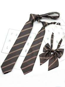 1pc Unisex Striped Japanese Style Handmade Necktie, Suitable For Dresses, Christmas Decoration - Coffee Brown - View 2