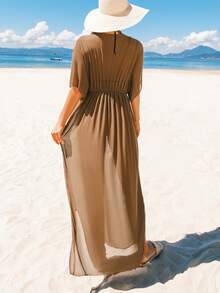 咖啡色纯色轻薄罩衫 女士短袖V领胸前抽绳腰部褶皱长开衩下摆 度假防晒 - 咖啡棕 - 查看 2