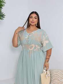 Women's Plus Size Printed Maxi Dress With Buttons Covered In Viscose Linen. - 寧靜藍 - 查看 2