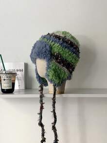 1 Stück Warme gestreifte Strickkappe mit Ohrklappen für Frauen, windundurchlässige dicke gestrickte Mütze für Herbst/Winter - Verschiedenfarbig - Übersicht 18