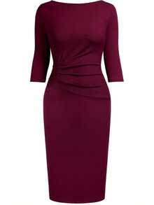 Đầm midi nữ thanh lịch, xếp ly, tay lửng, thích hợp mặc công sở mùa xuân. - Màu Đỏ Sâu - Xem 4