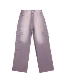 女士工装口袋阔腿宽松休闲百搭牛仔裤 春季款 - 紫色 - 查看 4
