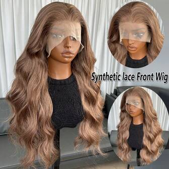 Parrucca sintetica ondulata a onda corporea da 22 pollici con radici scure, parrucca frontale in pizzo sintetico senza colla, resistente, con densità del 150%, adatta per l'uso quotidiano delle donne, aspetto naturale, morbida, facile da installare e rimuovere per principianti