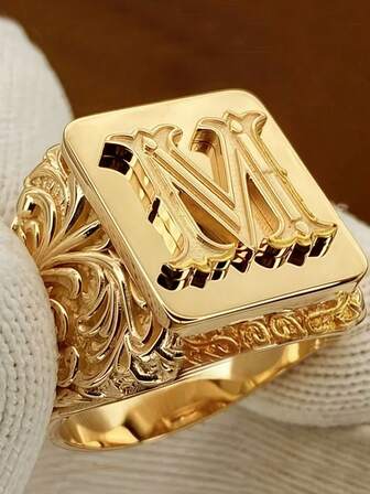 1 ชิ้น แหวนรูปตัว M ลายดอกไม้ที่ซับซ้อน - ทนทาน, ชุบด้วยไฟฟ้าคุณภาพสูง, เหมาะสำหรับใส่ทุกวัน, งานปาร์ตี้ และของขวัญ