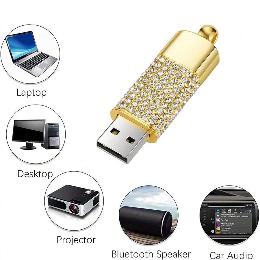 最新款U盘 USB闪存盘 128GB U盘 64GB 金属钻石水晶项链记忆棒闪存卡 女孩礼物 - 金色 - 查看 1