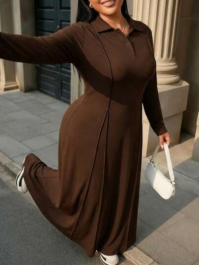 Plus Size Women Solid Color Knit Long Sleeve Dress With Cinched Waist And Plus Size Skirt, Casual Outerwear