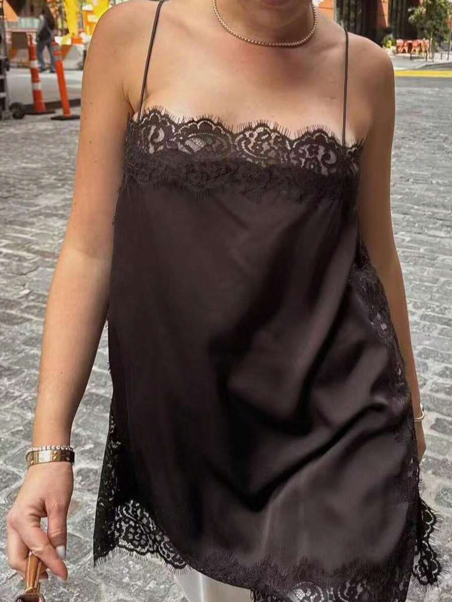 DEEKA Summer New Women's Fashion Elegant Satin Lace Blouse - Coffee Brown - View 1