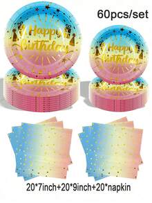 Happy Birthday Theme 20/40/60/80 Disposable Tableware Set, Including 7-Inch Paper Plates, 9-Inch Cardboard, 9-Ounce Cups, Napkins, Suitable For Daily Gatherings, Birthday Parties, Bridal Showers, Baby Showers, Clubs, Weddings, Tea Parties, Picnics, Outdoor Outings, And Themed Parties. - Multicolor - View 11
