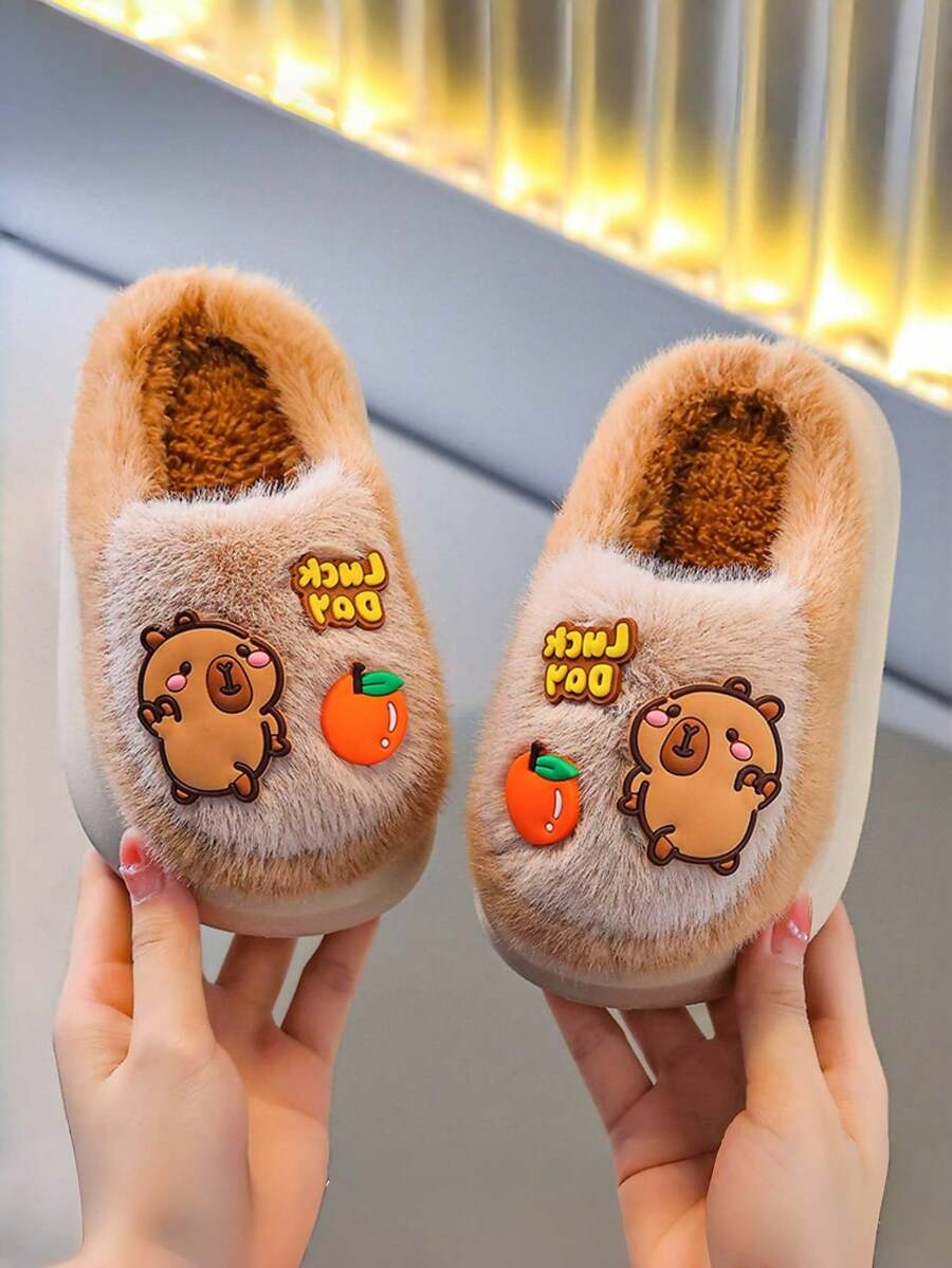 Cartoon Cute Slippers Plush Fuzzy Memory Foam For Kids, Soft Lightweight Warm Cozy Non-Slip Indoor House Bedroom Shoes For Boys & Girls Winter Autumn Christmas Gift, Capybara Warm Slippers - Khaki - View 1