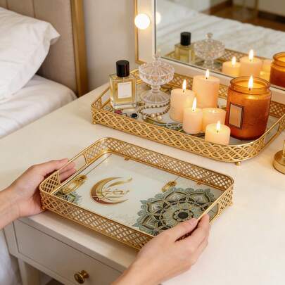 1 chiếc khay trang điểm hình chữ nhật lớn 12 inch có gương kính, kiểu dáng trăng Ramadan, khay trang điểm phòng tắm khung sắt, khay đựng trang sức, hộp đựng mỹ phẩm trang điểm, khay trang trí nhà cửa, thích hợp làm quà tặng cho phụ nữ.