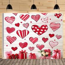 1 Tela de fondo de poliéster con tema romántico del Día de San Valentín, duradera, decoración festiva roja y blanca con globos con forma de corazón, rosas y osos de peluche, perfecta para escaparates de tiendas o ambiente de fiesta - Multicolor - Ver 1