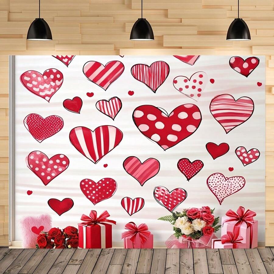 1 Tela de fondo de poliéster con tema romántico del Día de San Valentín, duradera, decoración festiva roja y blanca con globos con forma de corazón, rosas y osos de peluche, perfecta para escaparates de tiendas o ambiente de fiesta - Multicolor - Ver 1