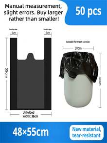 50个/包 加厚黑色塑料背心式垃圾袋，带提手，适用于厨房、浴室、客厅、卧室、办公室、物业管理等场所，多用途塑料袋，垃圾袋