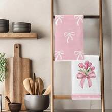 2pcs/Set Pink Bow & Tulip Pattern Kitchen Towels, Soft Microfiber Material Dish Cloths 40X60CM, Suitable For Kitchen Decor, Cleaning, Holiday Party Decoration, Kitchen & Bathroom Essentials, Home Decor, Housewarming Gift - Multicolor - View 5
