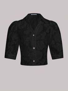 Women's Floral Print Semi-Sheer Short Sleeve Top, Spring/Summer - Black - View 1