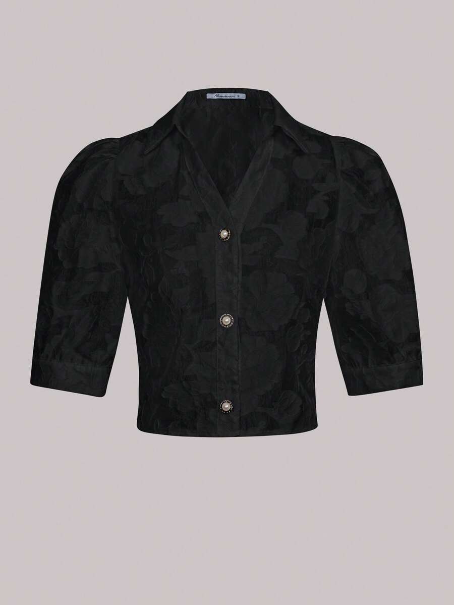 Women's Floral Print Semi-Sheer Short Sleeve Top, Spring/Summer - Black - View 1