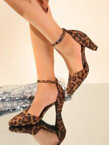 Fashionable Versatile Elegant Buckle Design High Heels, Retro Classic Pointed Toe Chunky Heel Women Shoes, Heightening Slimming Street Style - Leopard - View 3