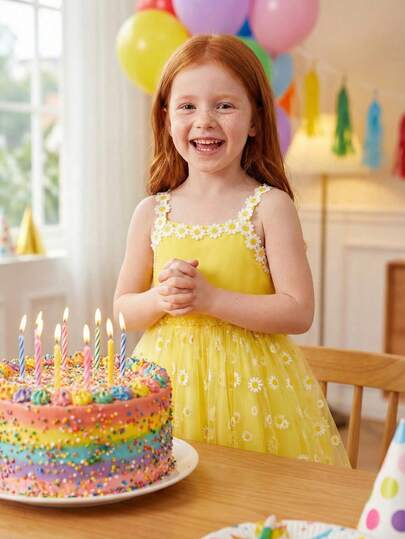 BASUSARRI Young Girls Delicate Floral Print Spaghetti Strap Dress, Cute Lady Style Net Mesh Dress, Girls Summer Outdoor Wear