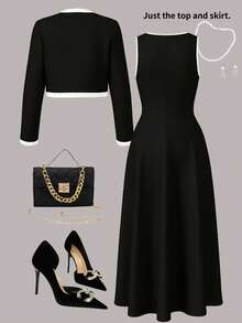 大码女士优雅两件套，撞色饰边纽扣开衫搭配纯色长款连衣裙，适合春夏穿着，黑色 - 黑色 - 查看 4