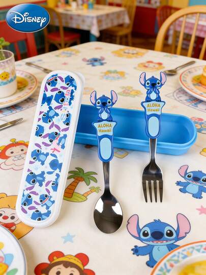 Disney 2pcs Stitch Stainless Steel Portable Cutlery Set, Includes Spoon And Fork, Cute Cartoon Tableware Set, Portable Utensils, Multi-Functional Elegant Design, Perfect Gift For Fans, Friends, Family, Picnics, Lunch Boxes Or Office, Suitable For Christmas, Halloween