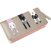 Mini Faux Leather Bifold Cute 3 Cat Zipper Clutch Wallet Handbag for Women Girls - Dorado (oro largo) - Ver 7
