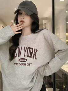 女士浅灰色休闲日常百搭宽松撞色字母印花圆领长袖T恤 - 淺灰色 - 查看 2