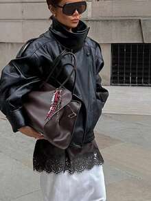 New Vintage Bomber Leather Jacket, Solid Color Casual Zipper Pocket Jacket, Regular Fit - Black - View 6