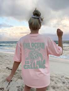 女士夏季度假海洋生物字母印花圆领T恤，图案T恤，白色、黑色、粉色