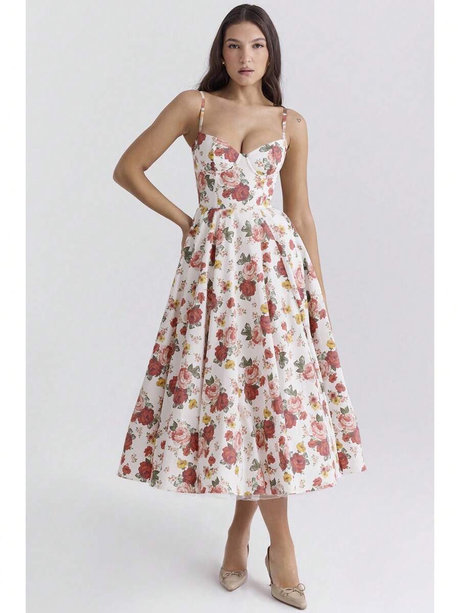 Vestidos Elegantes De Mujer,Women's Elegant Double-Layered Dress With A Full Skirt - 紅色的花朵 - 查看 1