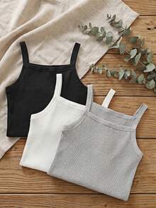 3pcs Girls' Basic Solid Color Camisole Tops, Soft Breathable Knit Fabric, Suitable For Daily Wear, Workout, Cycling, Dancing - Multicolor - View 3