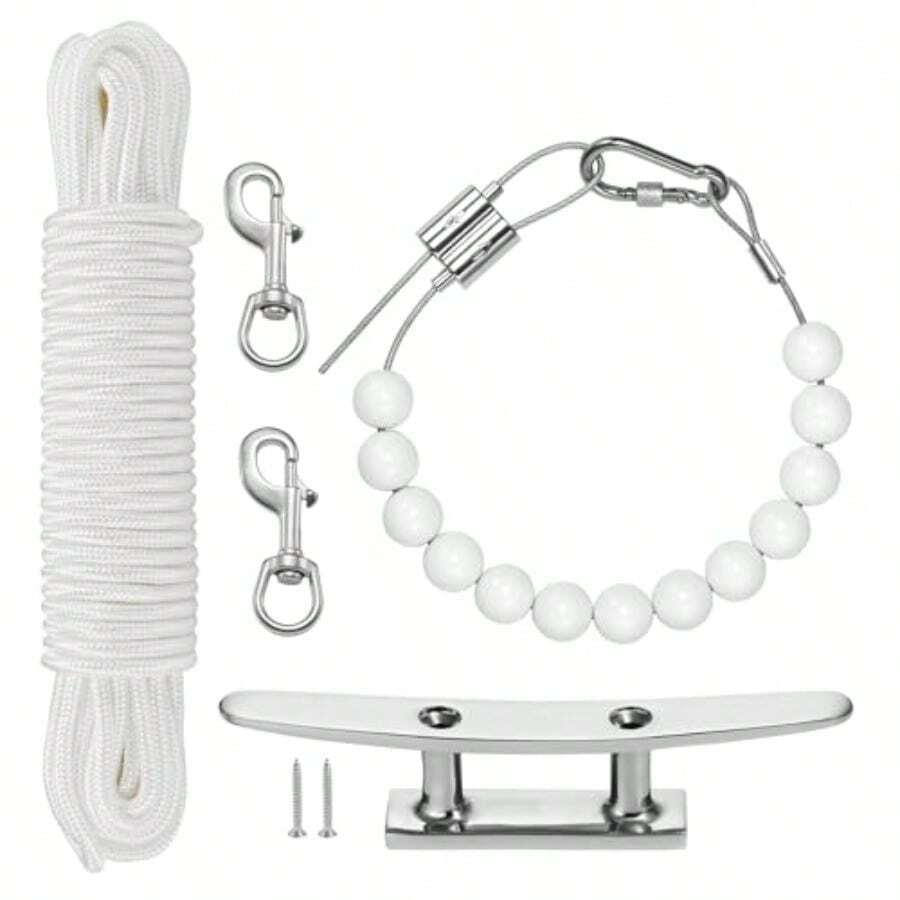 Juego de cuerda y clips de bandera cuerda de nailon para poste de bandera de 50 pies con gancho de tacos resistente de 6 pulgadas anillo de retención de asta de bandera y 2 clips - como en la foto - Ver 1