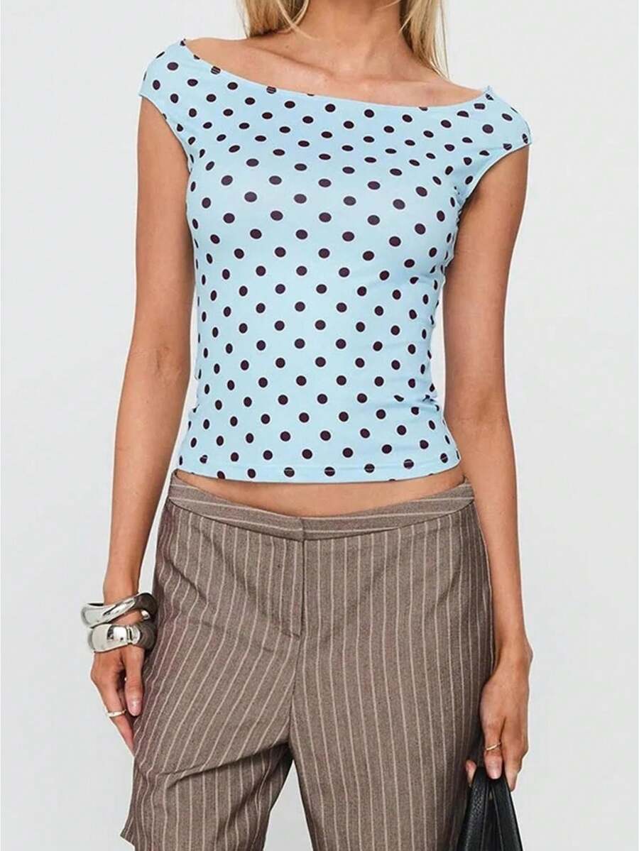 Womens Summer Short Sleeve Crop Tops Boat Neck Slim Fit T Shirts Polka Dot Y2K Going Out Blouses 1 Pcs 120g Rams 95%Polyester 5%Elastane Top - Màu xanh da trời - Xem 1