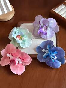 4件套 4.33英寸/11厘米 仿真花 仿真珍珠 兰花发夹，双花大号鳄鱼夹发饰，紫色、蓝色、绿色、粉色可选，适合度假、发型设计、马尾辫、发髻等场合，百搭、优雅、简约，纯色发爪，适合日常佩戴、休闲、通勤、发夹、发卡、头饰、弹簧发夹 - 彩色 - 查看 2